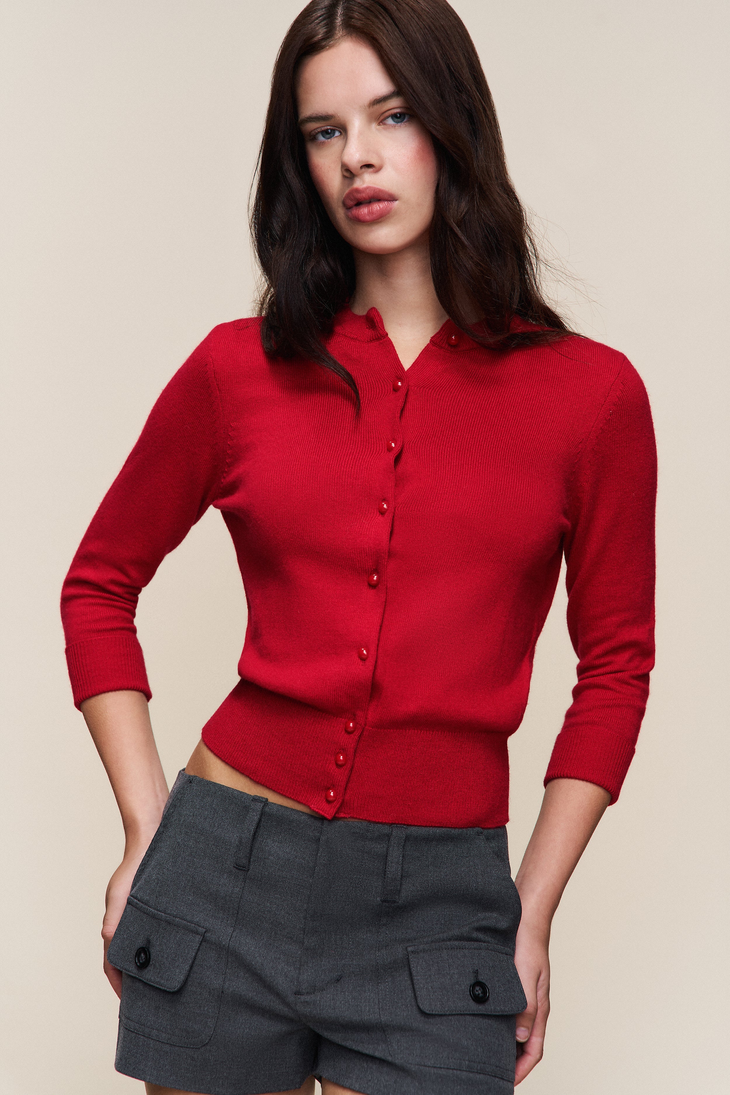 Emelie Cropped Wool Cardigan in Red Love