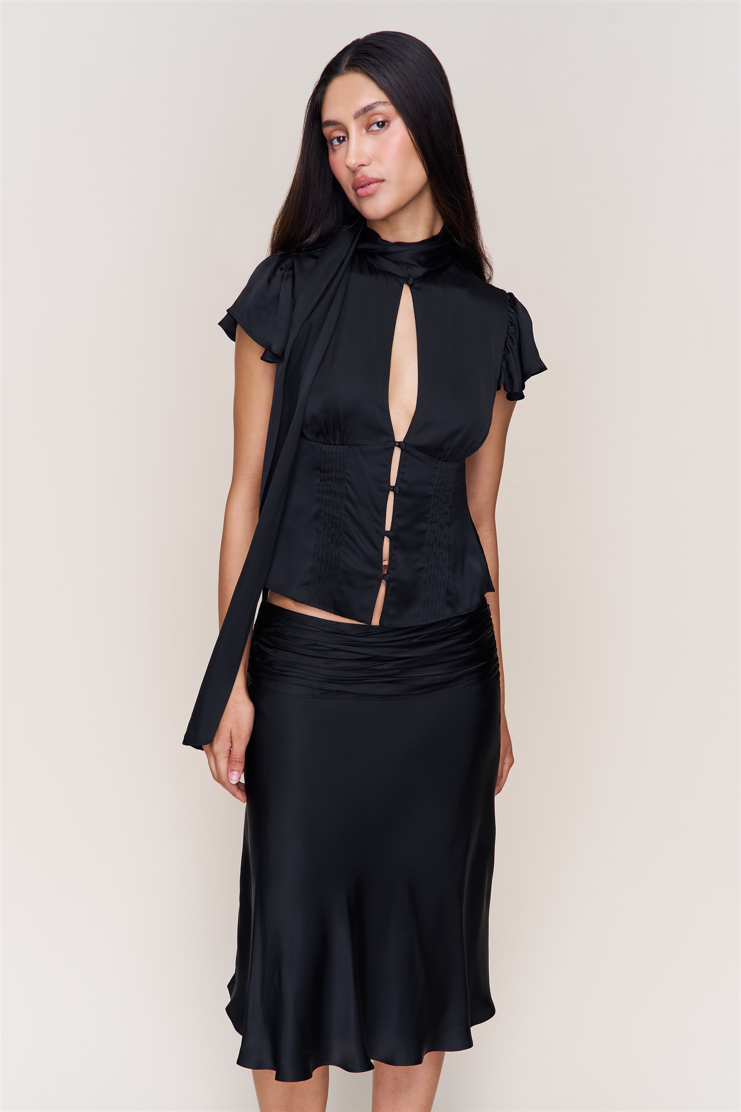Eda Satin Midi Skirt in Black