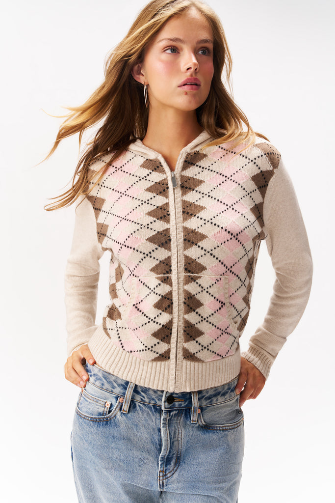 Cyndi Zip Hoodie in Cream Argyle