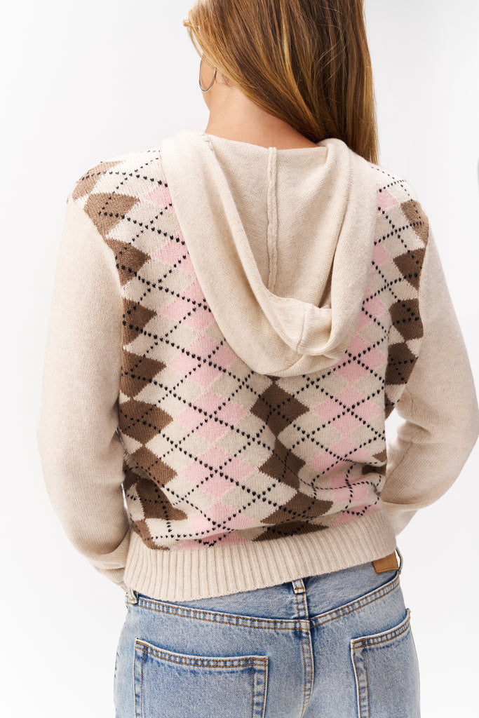 Cyndi Zip Hoodie in Cream Argyle
