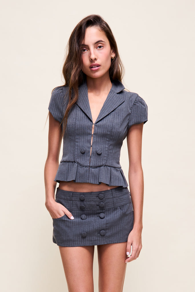 Mollie Cap Sleeve Blazer in Grey Pinstripe