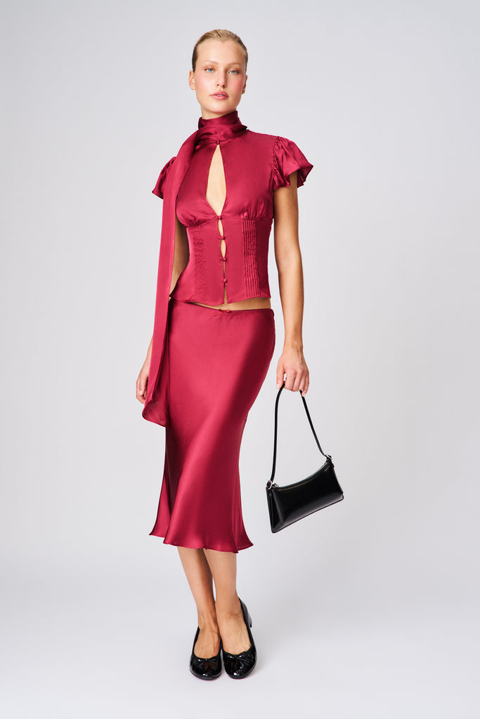 LUCIA SATIN MIDI SKIRT IN MERLOT