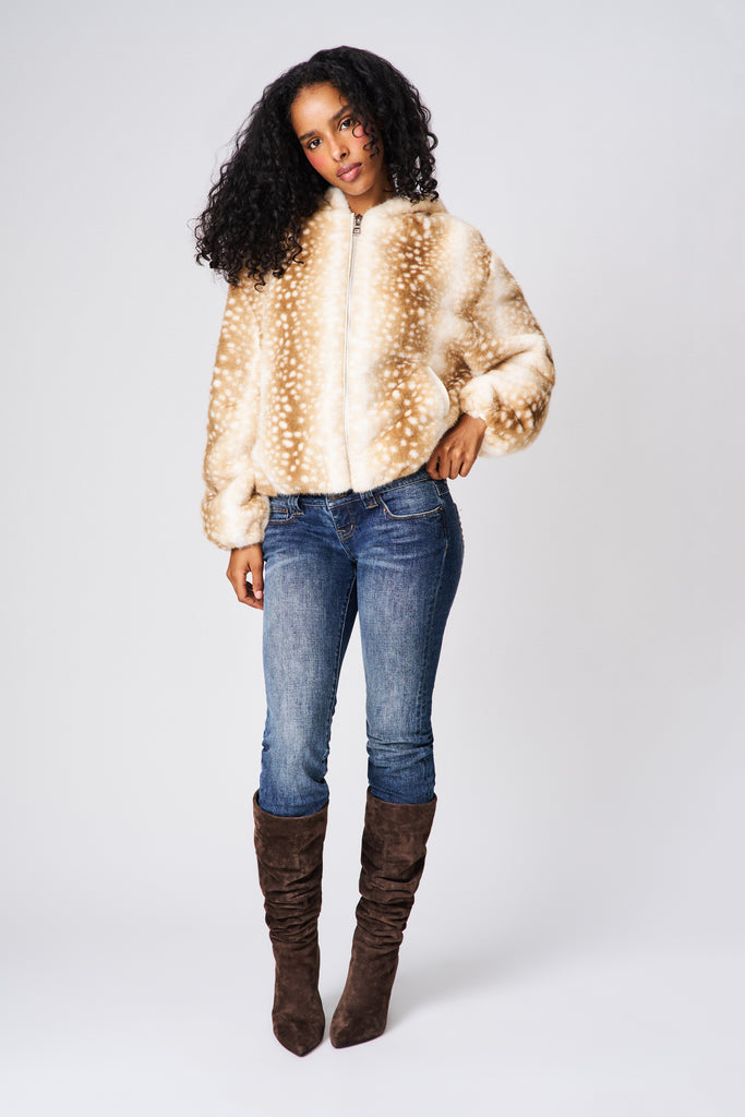 Cosette Cropped Faux Fur Jacket in Mink Cream