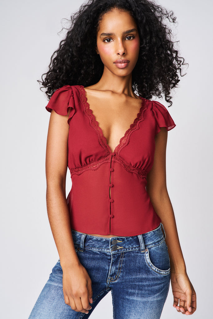 Ara Lace Trim V-Neck Top in Bordeaux