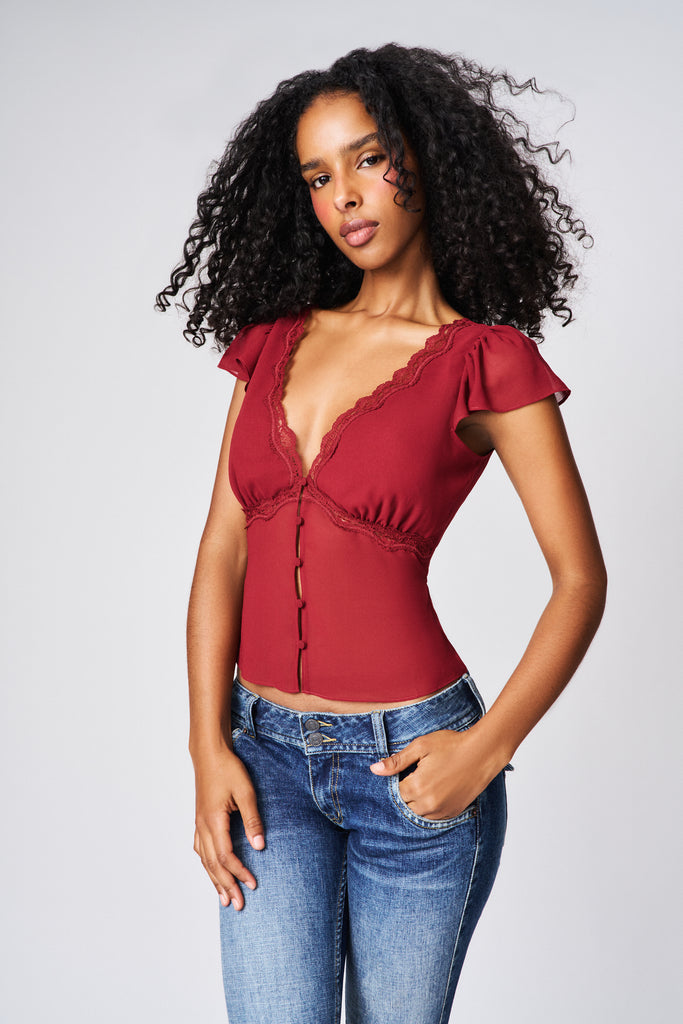 Ara Lace Trim V-Neck Top in Bordeaux