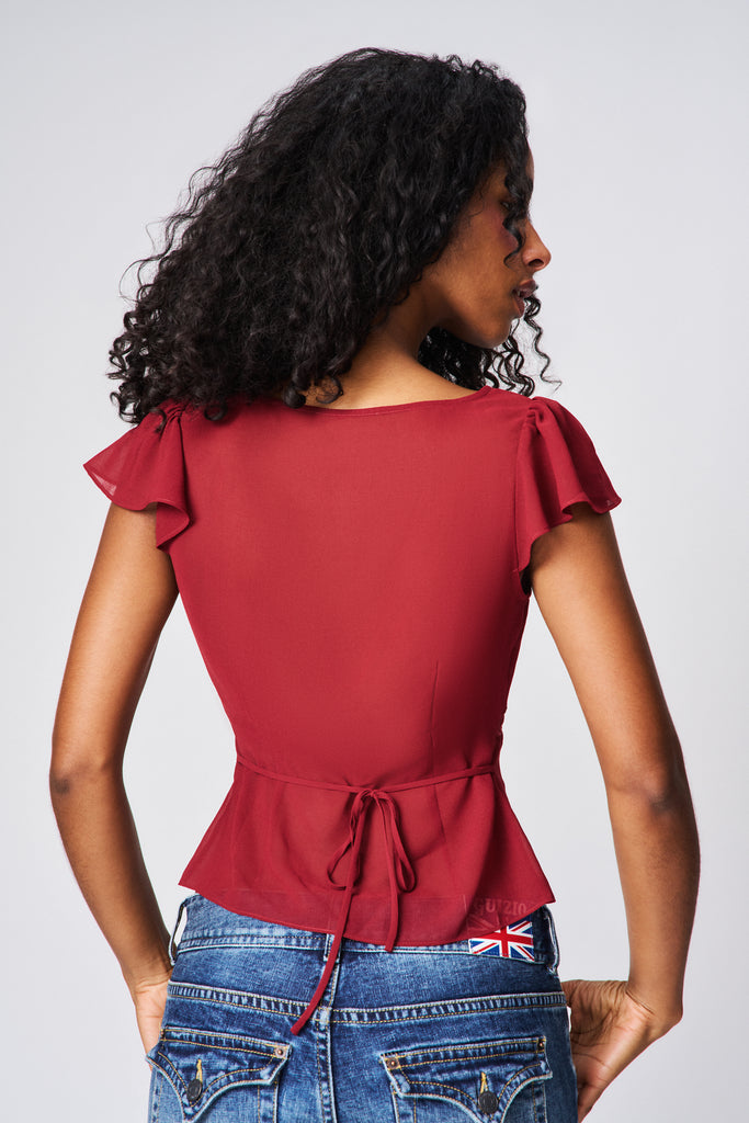 Ara Lace Trim V-Neck Top in Bordeaux