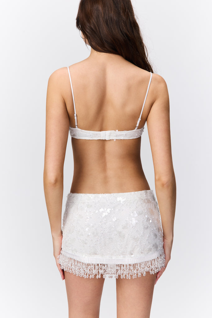Low Rise Beaded Fringe Skirt in White