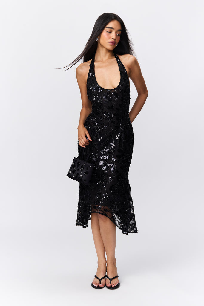 Giselle Sequin Lace Dress in Black