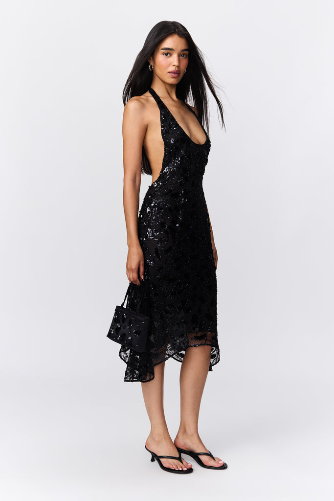 Giselle Sequin Lace Dress in Black