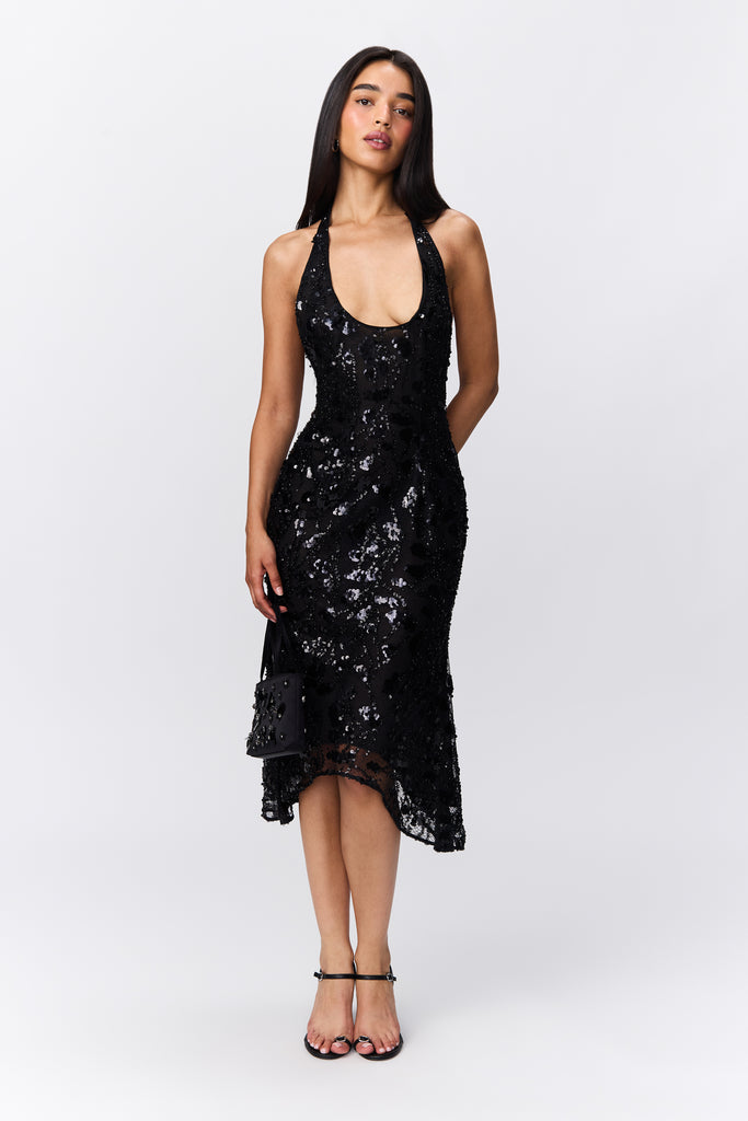Giselle Sequin Lace Dress in Black