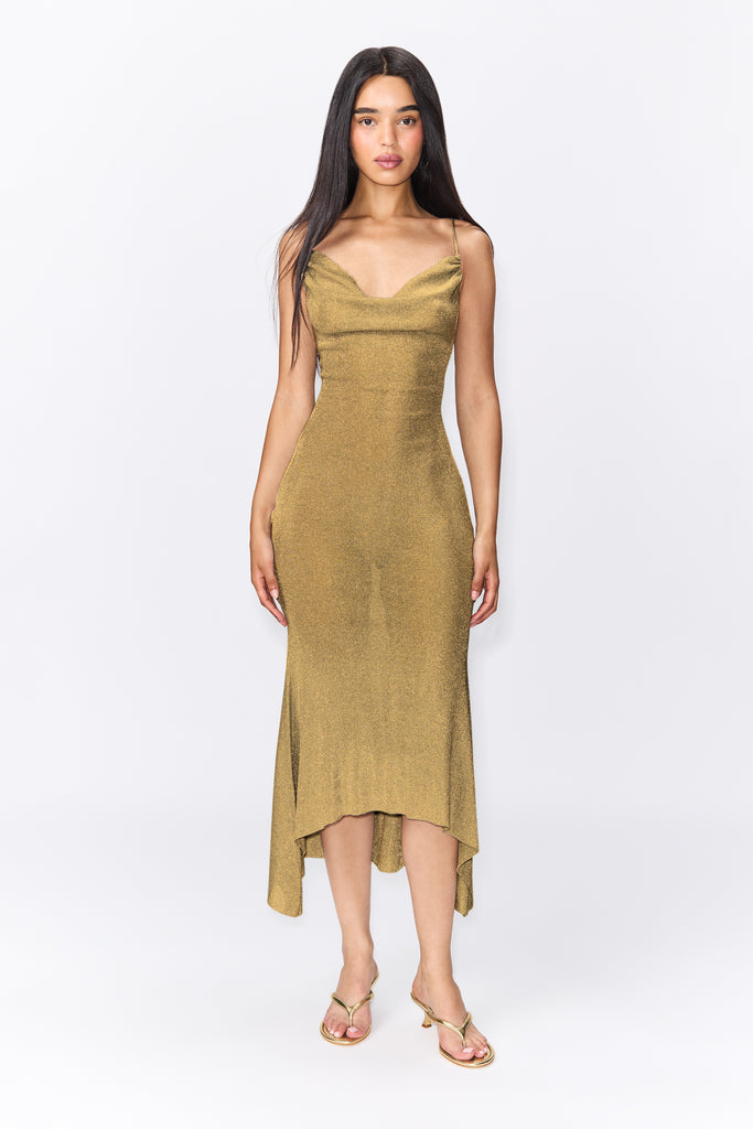 Elsie Cowl Neck Dress in Gold