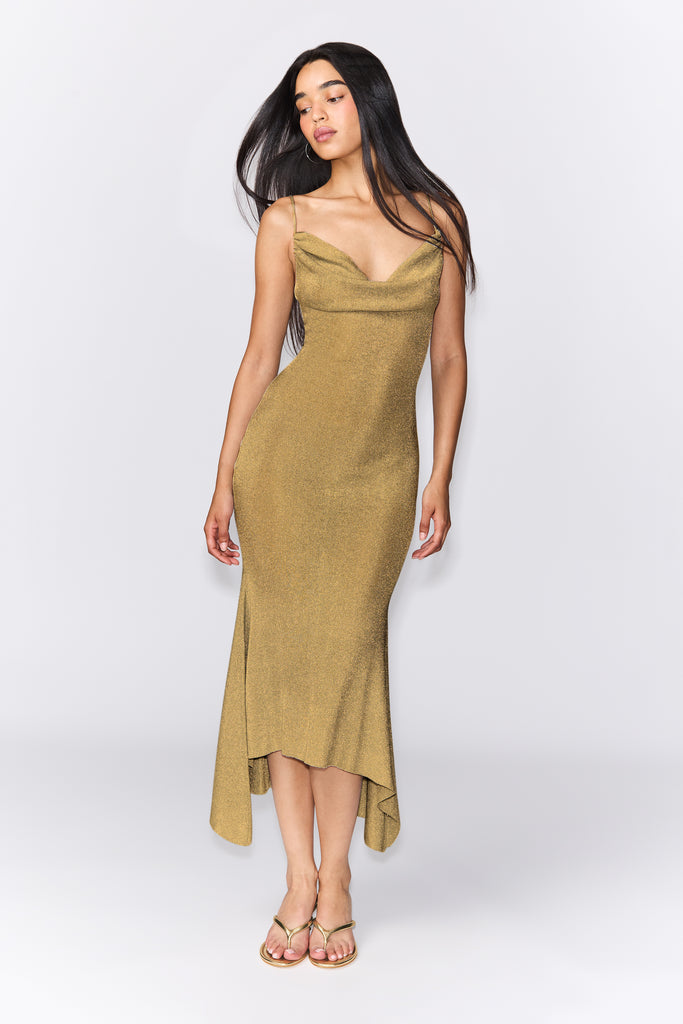 Elsie Cowl Neck Dress in Gold