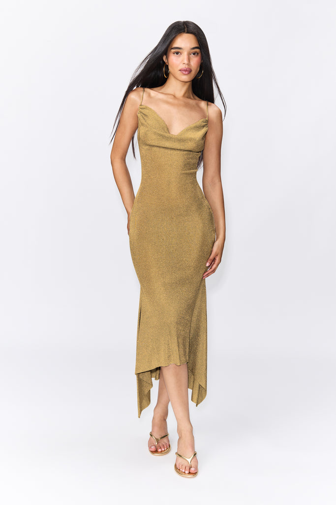 Elsie Cowl Neck Dress in Gold