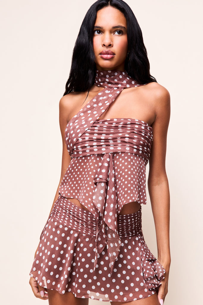 Chiffon Wrap Around Top in Espresso Polka Dot 