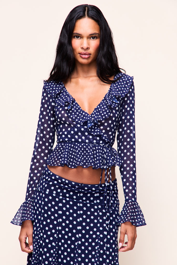 Mallorca Ruffle Wrap Top in Navy Mixed Polka Dot 
