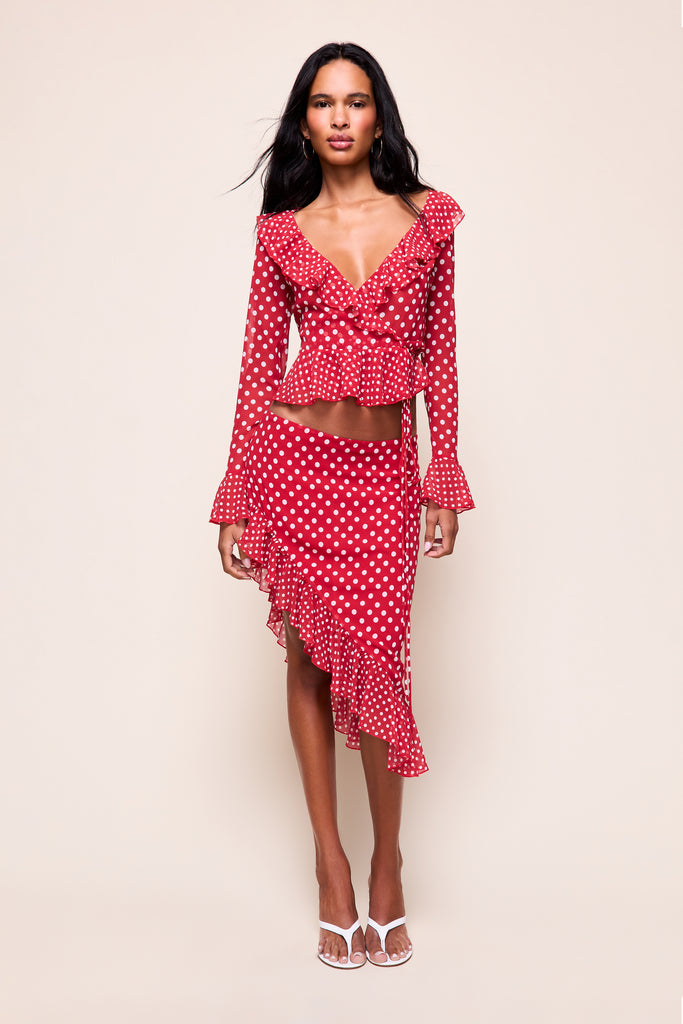 MALLORCA RUFFLE WRAP TOP in Red Love Mixed Polka Dot 