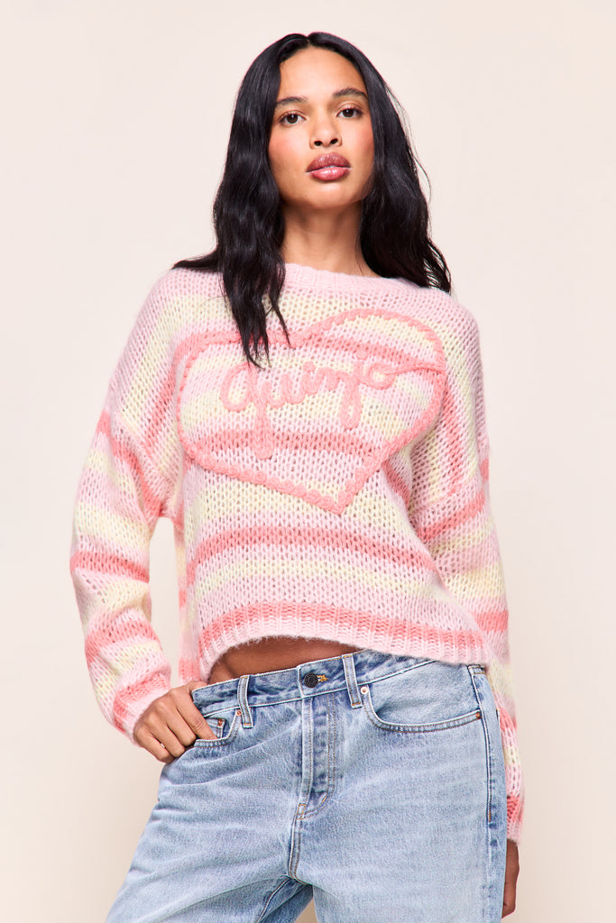 GUIZIO MOHAIR-BLEND HEART SWEATER in Pink Coral Yellow Stripe 