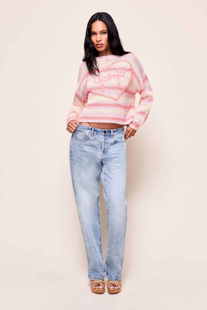 GUIZIO MOHAIR-BLEND HEART SWEATER in Pink Coral Yellow Stripe 