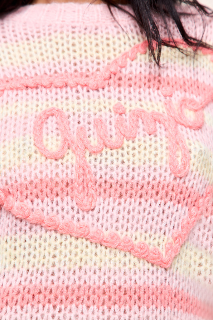 GUIZIO MOHAIR-BLEND HEART SWEATER in Pink Coral Yellow Stripe 