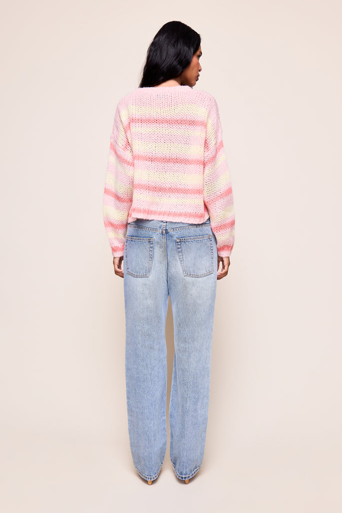 GUIZIO MOHAIR-BLEND HEART SWEATER in Pink Coral Yellow Stripe 