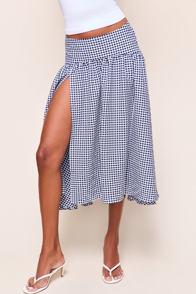 ALEGRA LOW RISE MAXI SKIRT in Navy Plaid 