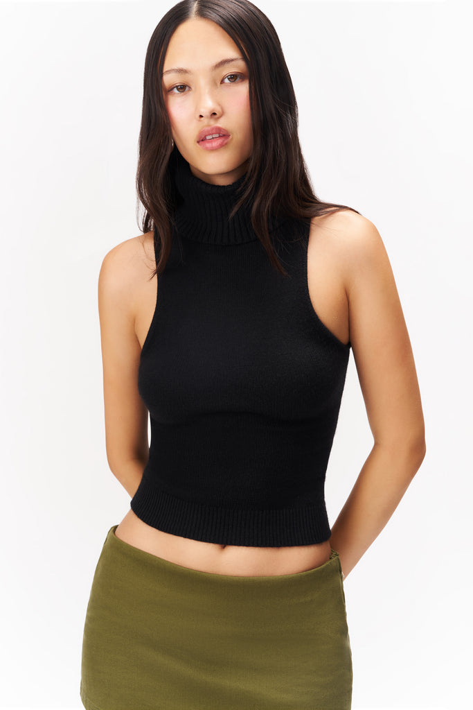 Hana Sleeveless Turtleneck Top in Black