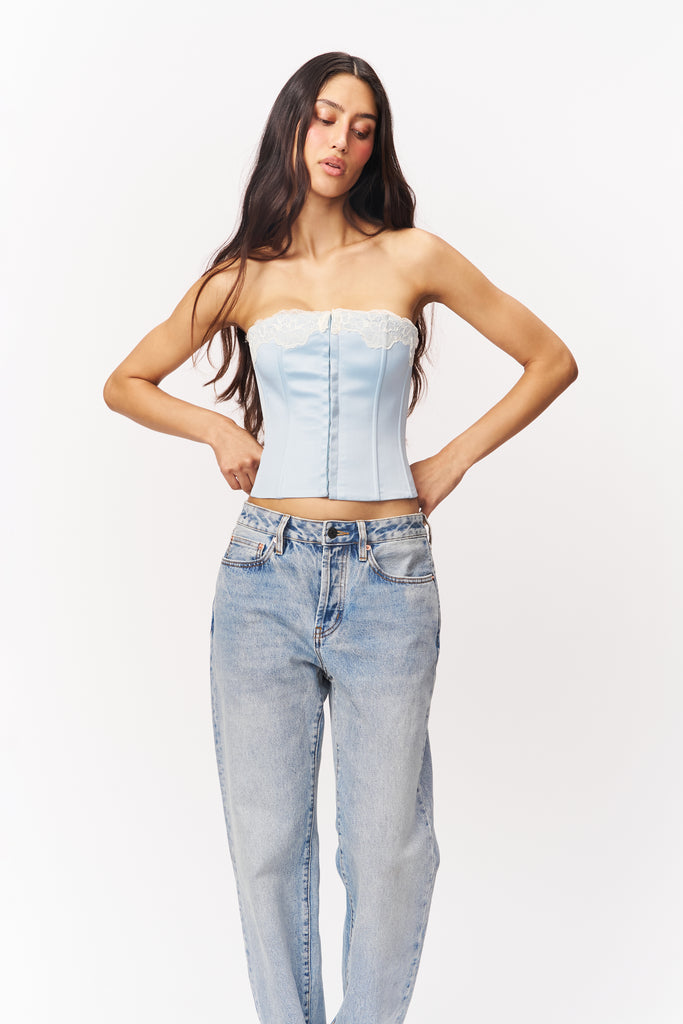 Jean Lace Trim Satin Corset in Light Blue