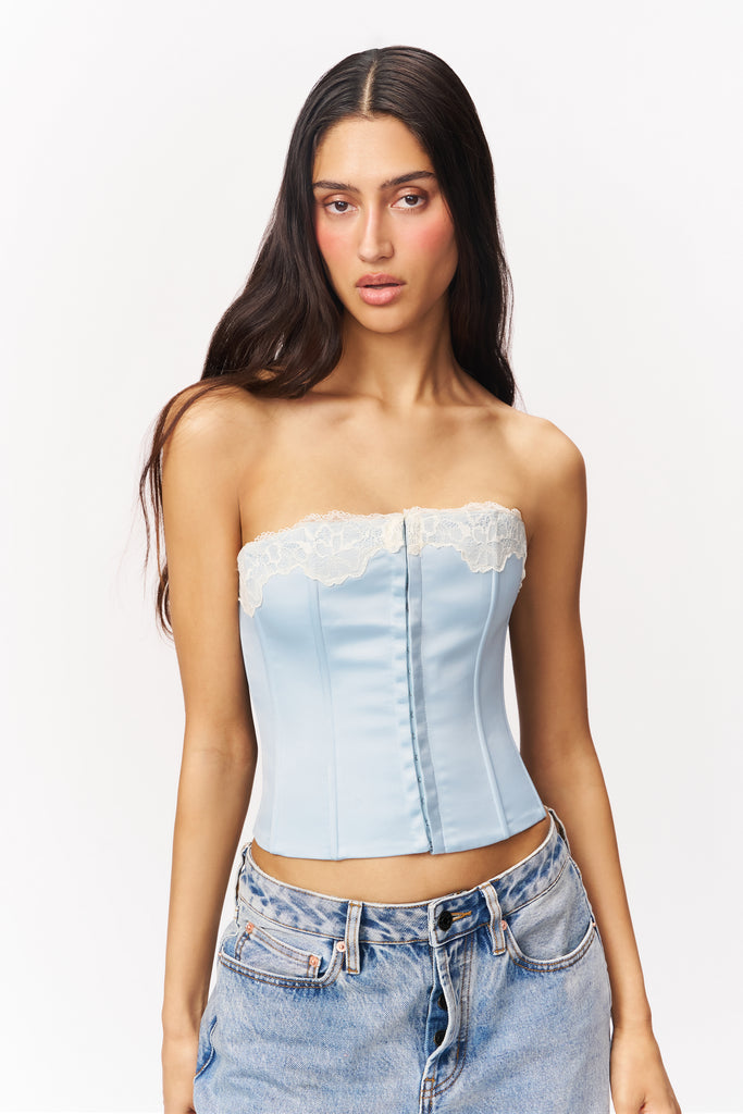 Jean Lace Trim Satin Corset in Light Blue