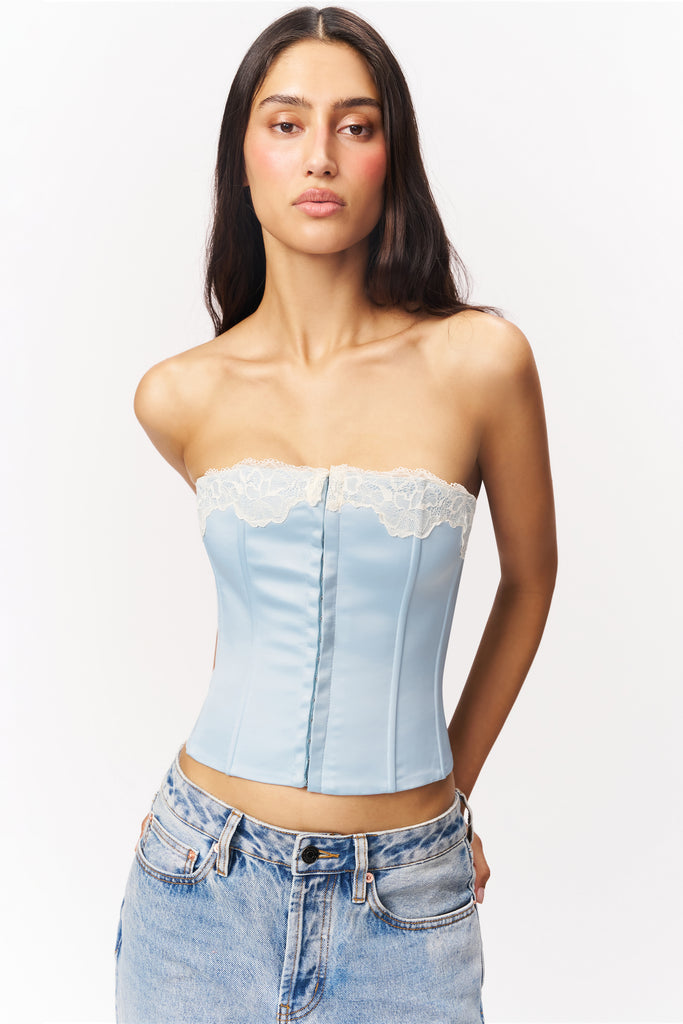 Jean Lace Trim Satin Corset in Light Blue