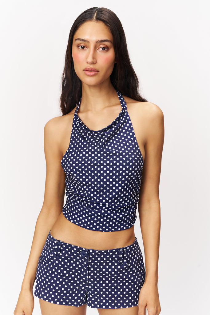 Olive Cowl Neck Top in Navy Polkadot