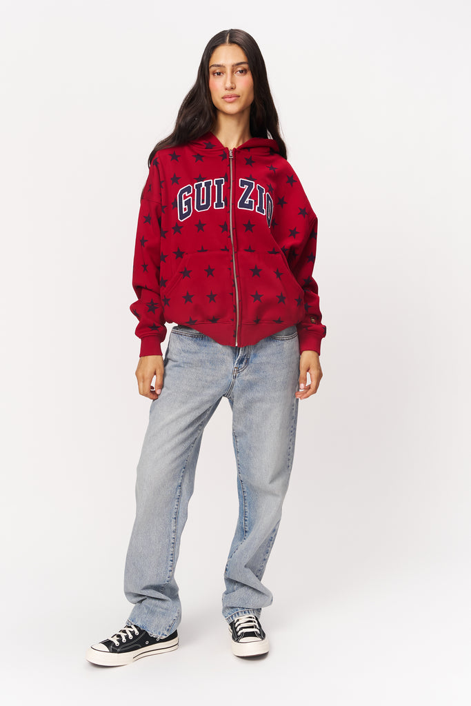 Zip Up Oversized Hoodie Star Print in Red