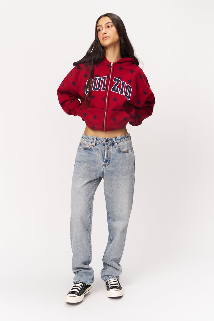 Zip Up Oversized Hoodie Star Print in Red