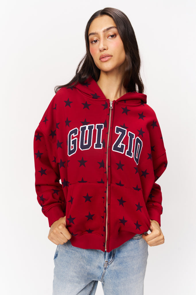Zip Up Oversized Hoodie Star Print in Red