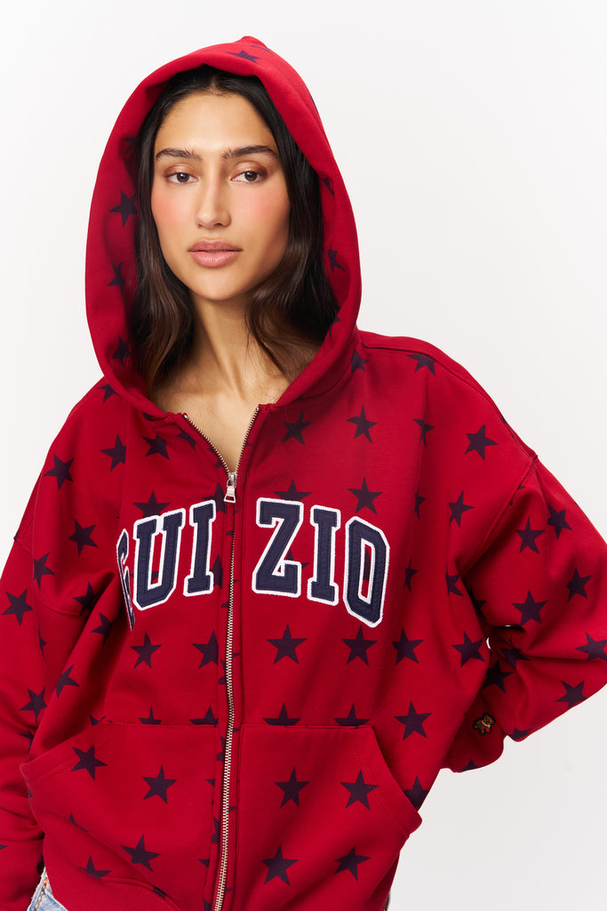 Zip Up Oversized Hoodie Star Print in Red