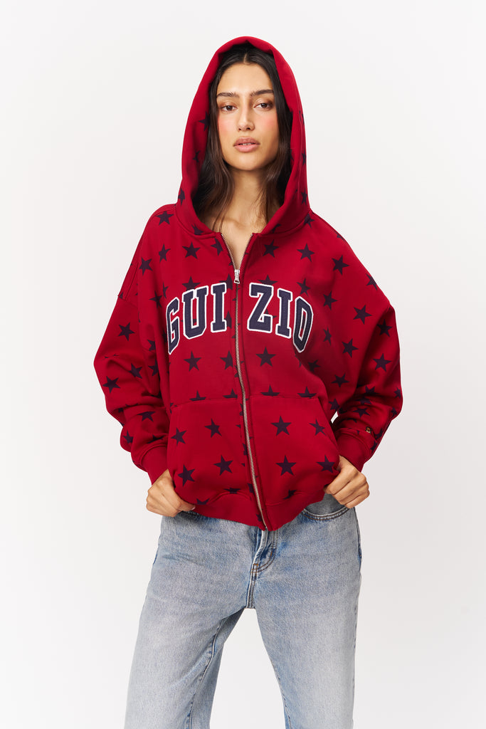 Zip Up Oversized Hoodie Star Print in Red
