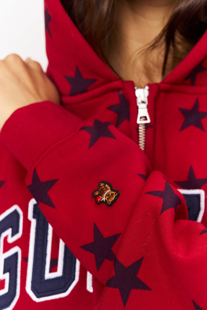Zip Up Oversized Hoodie Star Print in Red