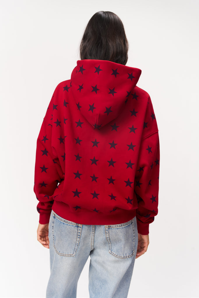 Zip Up Oversized Hoodie Star Print in Red