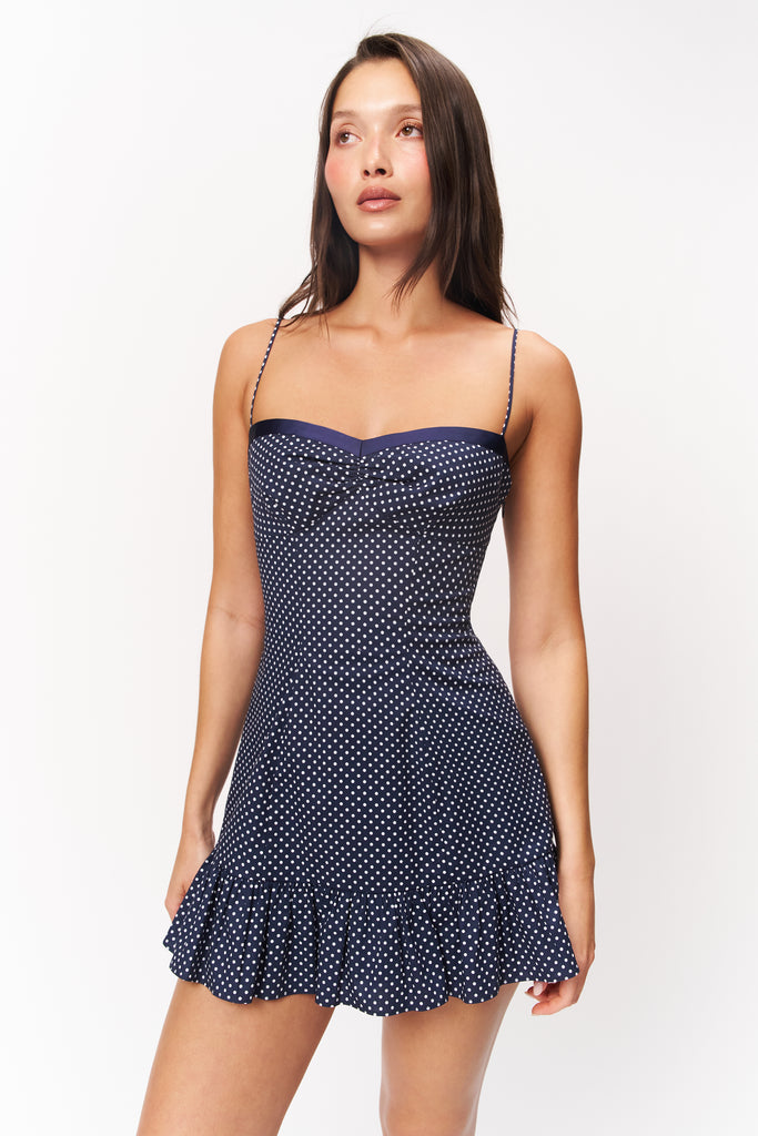 Margaux Mini Dress in Navy White Dot