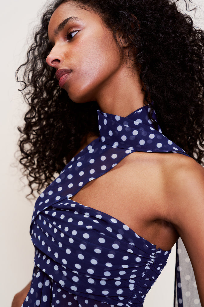 Chiffon Wrap Around Top in Navy Polka Dot