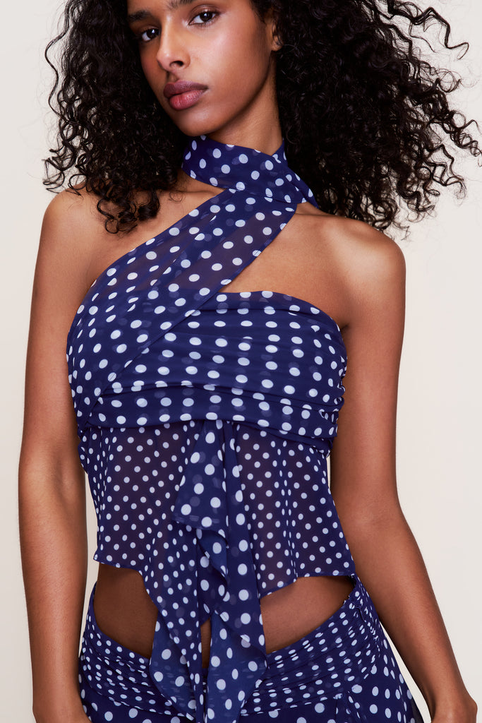 Chiffon Wrap Around Top in Navy Polka Dot