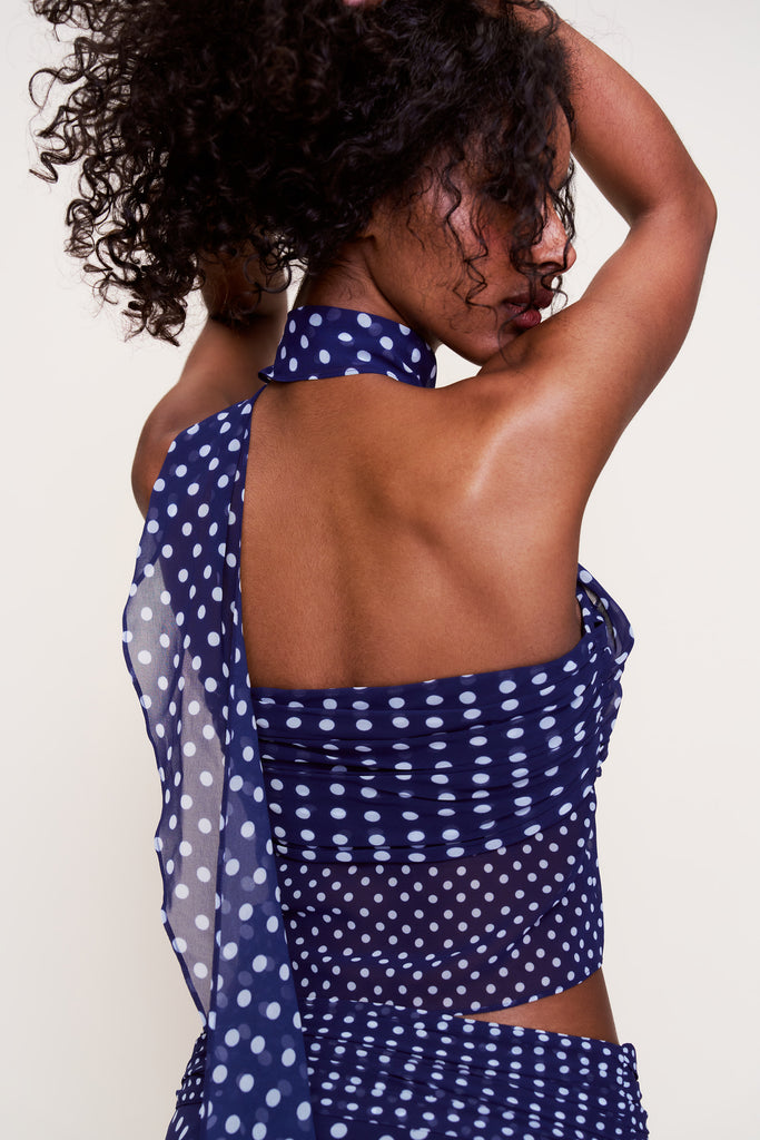 Chiffon Wrap Around Top in Navy Polka Dot