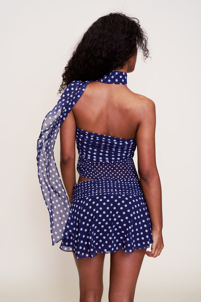 Chiffon Wrap Around Top in Navy Polka Dot