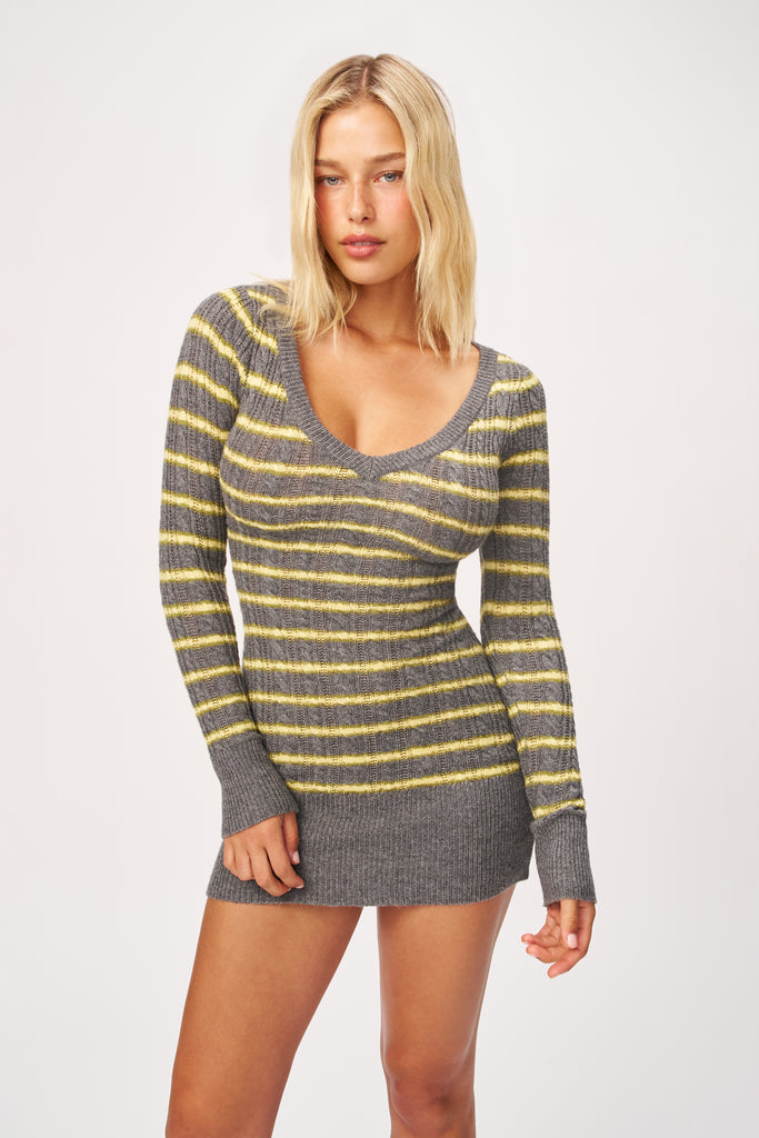 Poet Cable Knit Mini Dress in Grunge Grey Stripe