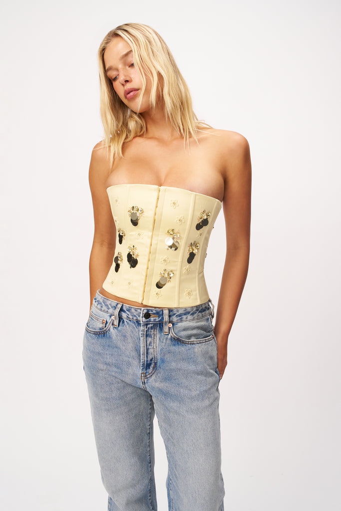 Embellished Satin Corset in Honey Butter