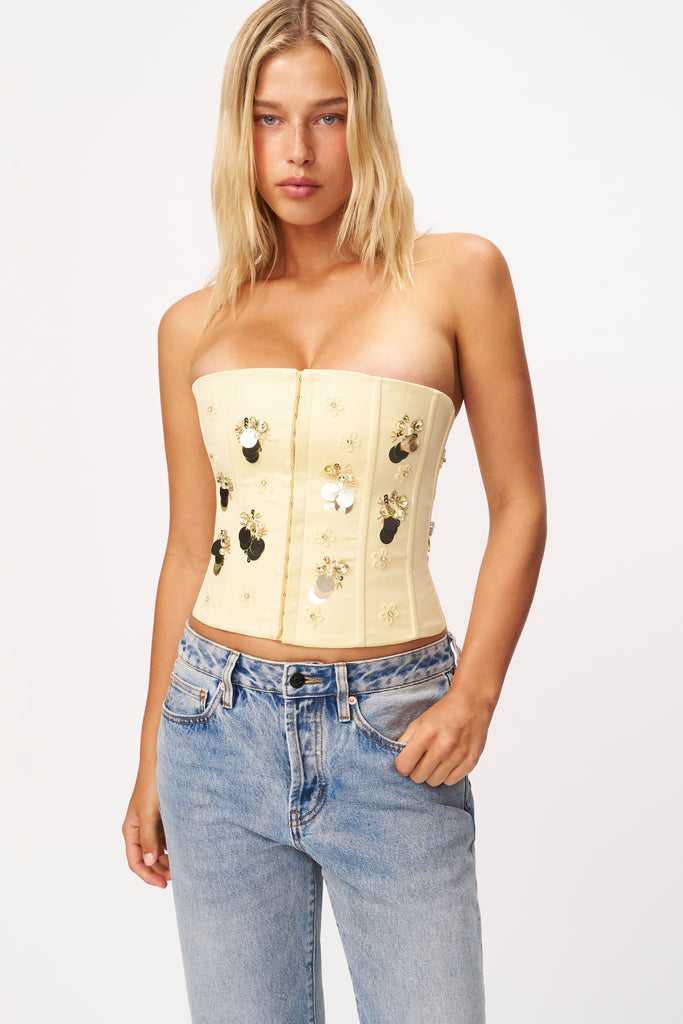 Embellished Satin Corset in Honey Butter