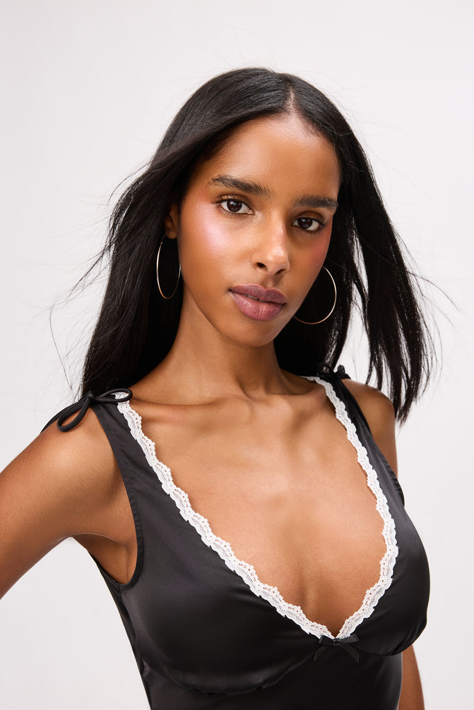 Inez Lace Trim Mini Dress in Black