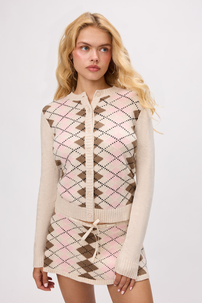 June Relaxed Cardigan in Cream Argyle