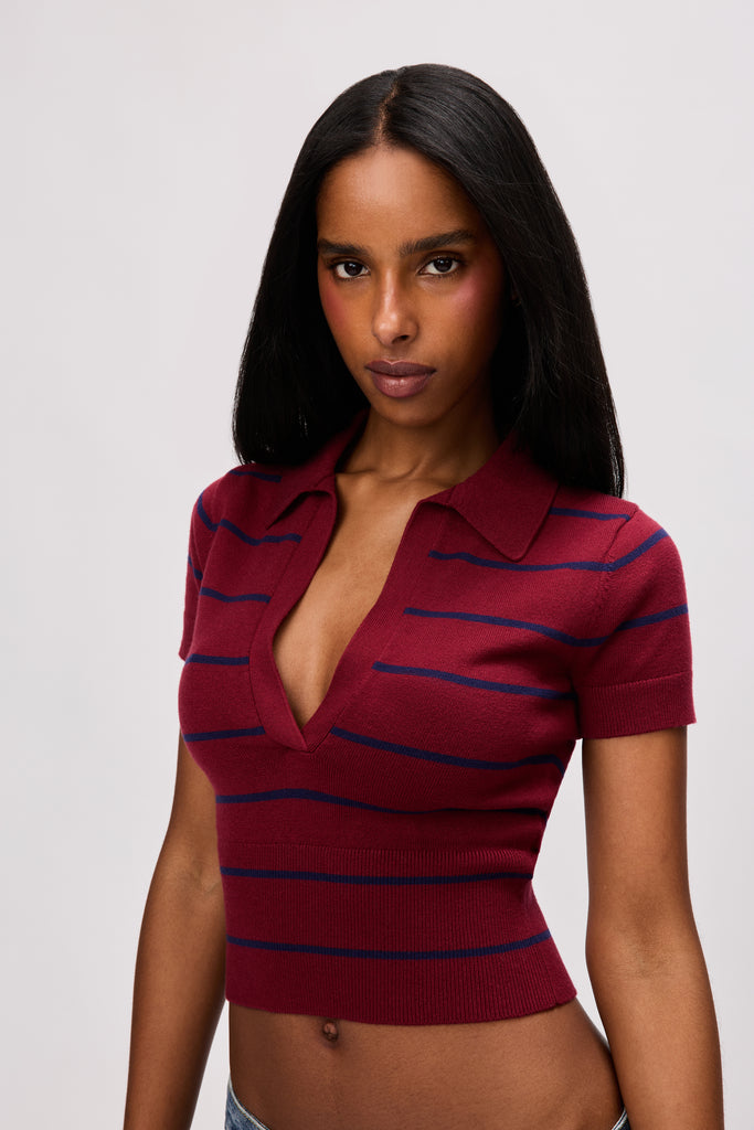 Mercer Polo Sweater in Bordeaux/Navy Lover Stripe