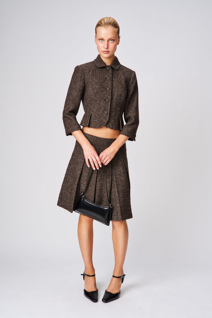 Maelie Low Rise Skirt in Brown Houndstooth