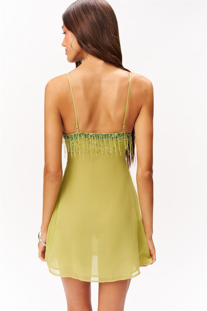 SEA SHELL EMBELLISHED MINI DRESS IN LIME GREEN
